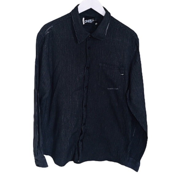 O’NEILL Pinstripe Long Sleeve Button Down Shirt With Distressed Accents Black XL - Picture 1 of 7